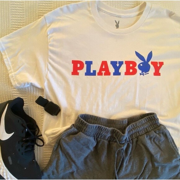 Playboy crop top white red & blue Y2K workout cutoff t-shirt size LARGE NWOT - Picture 1 of 8